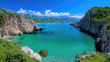 Fototapeta premium Secluded cove, turquoise water, rocky shores, sunny day, travel destination
