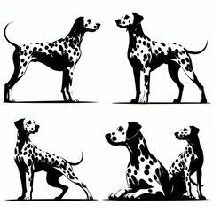 Dalmatian Dog Silhouettes In Various Poses On A White Background, Ideal For Pet Branding, Dog Training Services, Veterinary Clinics, And Animal Welfare Campaigns, Useful For Pet Adoption Promotions
