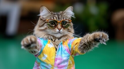 Cool Cat Dancing  Fashionable Feline in Sunglasses and Tie Dye Outfit