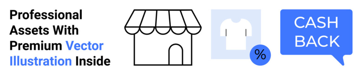 Storefront outline, percentage discount tag, T-shirt icon, and cashback speech bubble. Ideal for retail, sales promotions, shopping apps, e-commerce, marketing campaigns discounts business
