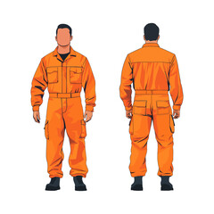 Vector illustration of industrial worker in an orange safety uniform, shown from front and back. Suitable for industrial, engineering, construction, maintenance, and safety-related designs.