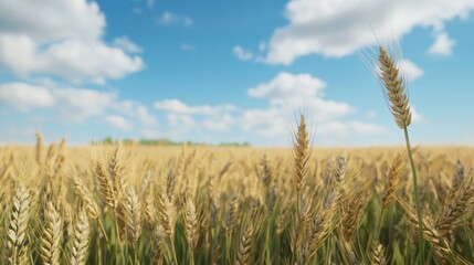 Obraz premium Breathtaking Ample View of a Golden Wheat Field Beneath a Beautiful Blue Sky with Fluffy Clouds