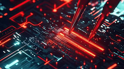 Obraz premium A macro shot of a circuit board under assembly with tweezers adjusting a surface-mount resistor.