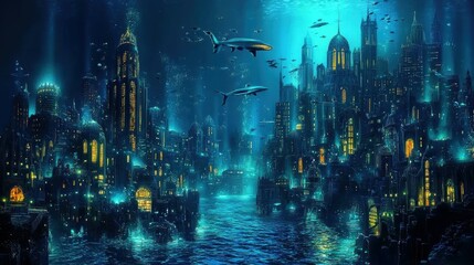 Obraz premium Discovering the majestic underwater city a visual journey into bioluminescence