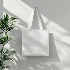 White tote bag mockup hanging on a wall with plant and sunlight.