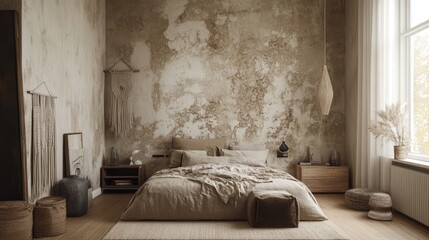A minimalist bedroom with textured beige wallpaper, macram accents, and natural wood furnishings in Wabi-Sabi style.