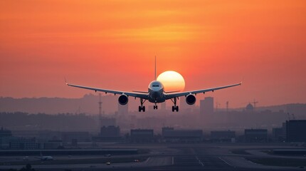 Airplane landing at sunset against orange sky