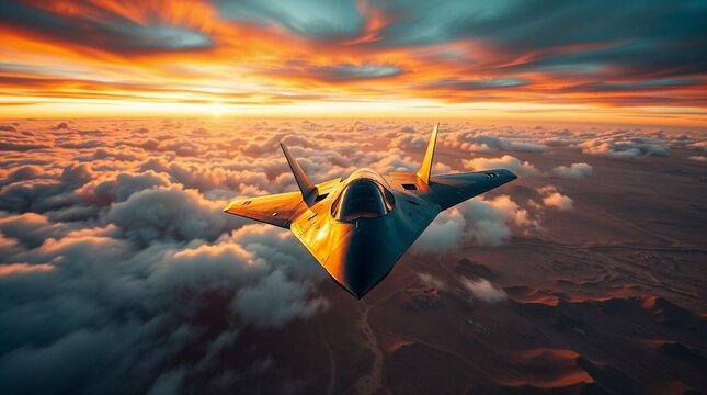 Stealth fighter jet flying above clouds at sunset