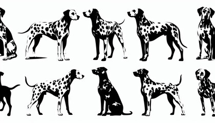 Dalmatian Dog Silhouettes In Various Poses On A White Background, Ideal For Pet Branding, Dog Training Services, Veterinary Clinics, And Animal Welfare Campaigns, Useful For Pet Adoption Promotions
