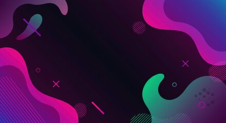 Obraz premium Abstract Fluid Graphics: A vibrant, dynamic digital artwork featuring flowing, abstract shapes in shades of purple, pink, and teal against a dark background.