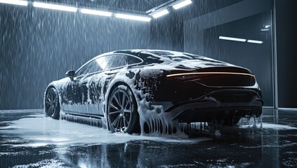 A sleek luxury vehicle gets a thorough cleaning in a contemporary car wash. Foam covers the shiny exterior while water streams off, highlighting the car's curves and design