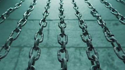 Chains of Constraint: A cluster of heavy steel chains hanging against a textured, teal background, creating a sense of confinement, restriction, and inescapable control.