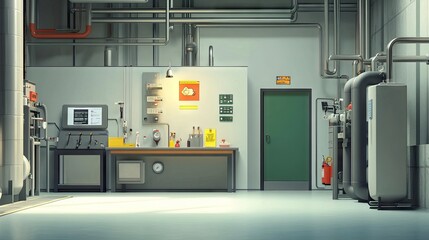 A modern boiler room with labeled pipes, diagnostic equipment, and a clean workbench.