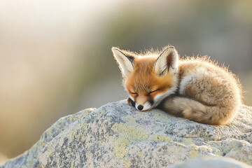 Obraz premium A sleepy fox curled up on a rocky surface, basking in soft sunlight with a blurred natural background