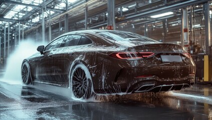 A sleek luxury vehicle gets a thorough cleaning in a contemporary car wash. Foam covers the shiny exterior while water streams off, highlighting the car's curves and design
