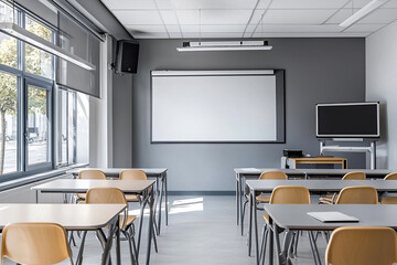 Modern classroom with empty desks and a whiteboard, sunlight streaming through large windows
