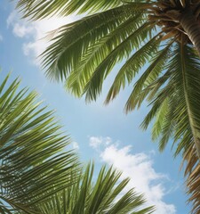 Fototapeta premium Close-up of palm tree leaves against clear sky on tropical beach, blue, nature