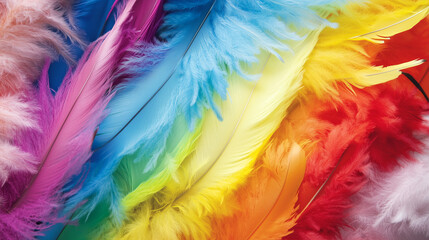 Rainbow Feathers: A captivating display of colorful feathers in vibrant hues of red, orange, yellow, green, blue, indigo, and violet, arranged in a diagonal pattern.