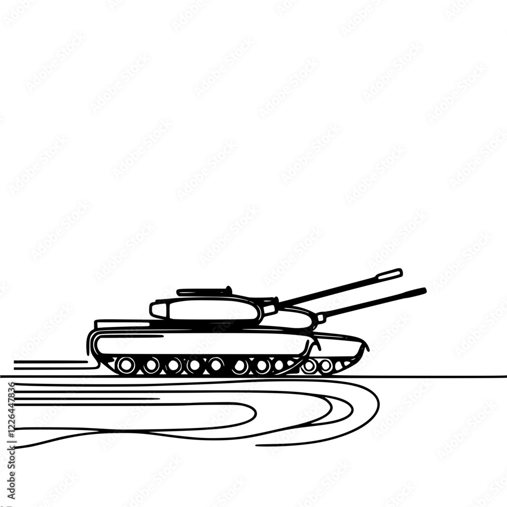 Poster linear vector drawing of a tank with two guns, made in a minimalist style on a white background.