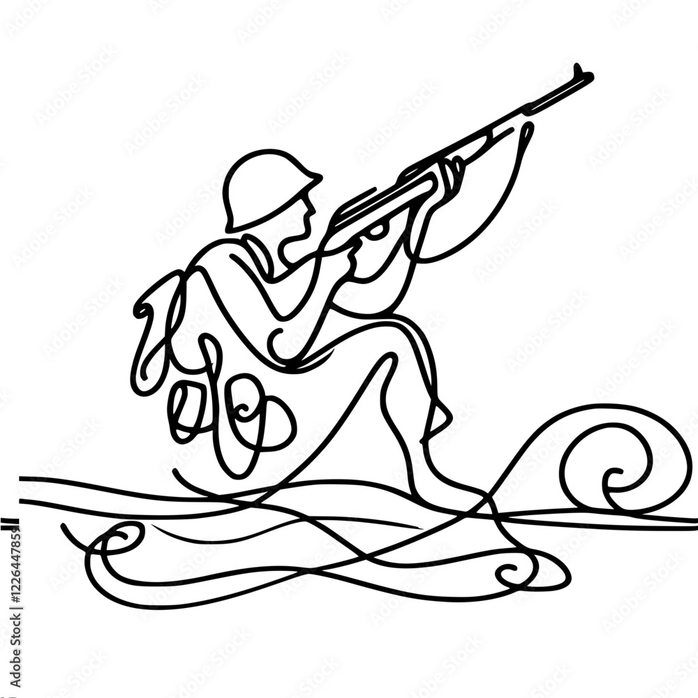Poster linear vector contour simple drawing of a seated soldier in a helmet with a rifle and aiming at a ta