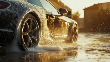 A sleek luxury vehicle gets a thorough cleaning in a contemporary car wash. Foam covers the shiny exterior while water streams off, highlighting the car's curves and design