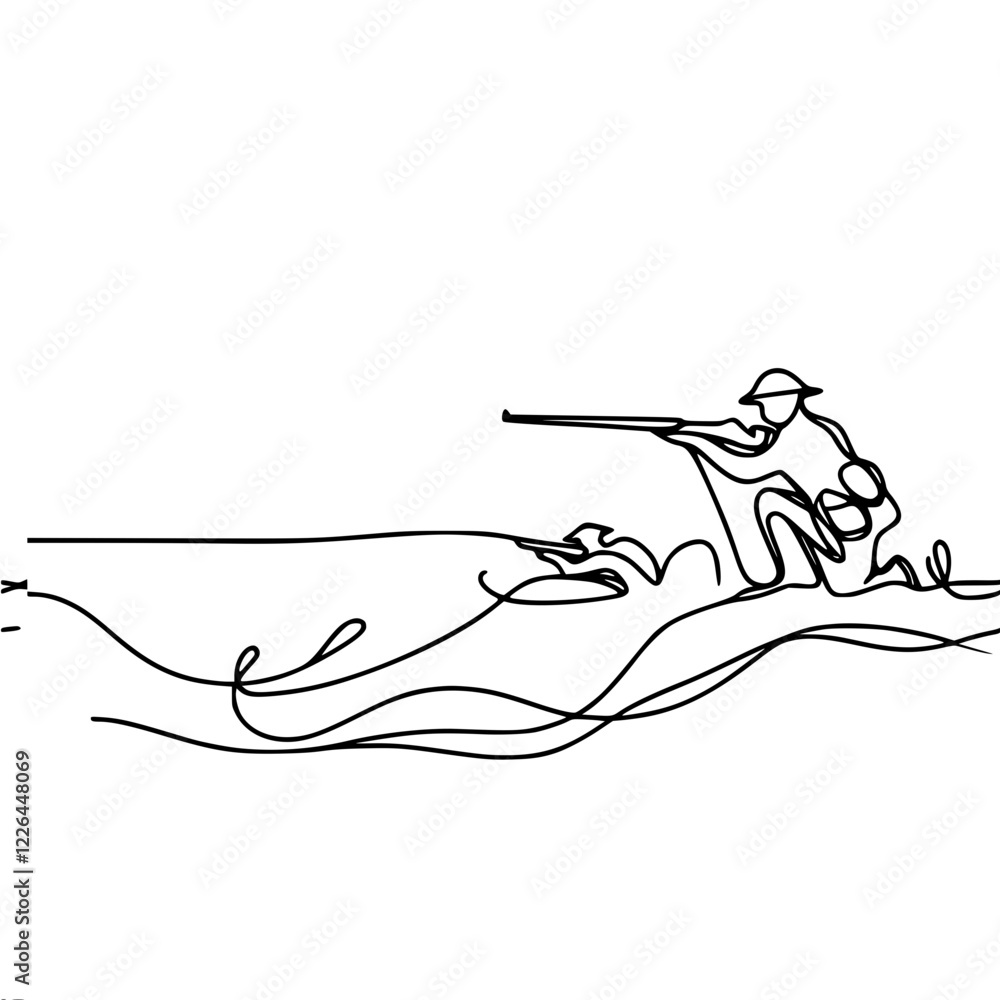 Poster linear vector contour simple drawing of a soldier in a helmet shooting from a rifle, with another so