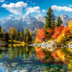 Naklejka premium Autumn Mountain Serenity: Reflective Lake and Colorful Foliage in a Tranquil Landscape