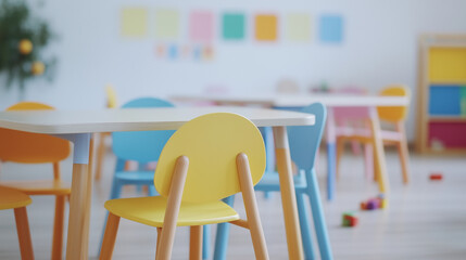 Bright and Playful Preschool Classroom: Colorful chairs and tables fill a vibrant preschool classroom, ready for a day of learning and play.