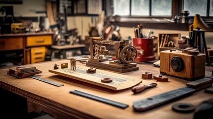 A retro workbench featuring a metal ruler, a slide rule, and a small gear model.