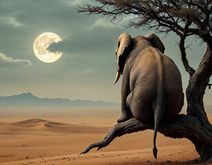 Surreal Digital Illustration of an Elephant Sitting on a Tree Branch Under a Full Moon in a Desert Landscape
