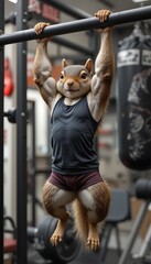 A buff squirrel working out at a gym