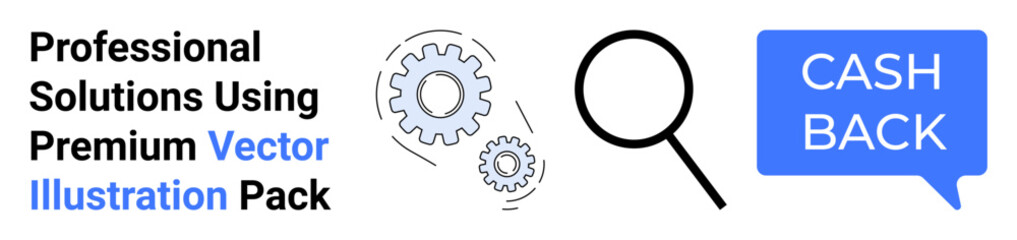 Gear icons representing solutions, magnifying glass for search or analysis, and cashback speech bubble. Ideal for business planning, financial services, product features, research, system