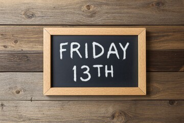 Wooden-framed chalkboard with Friday 13th written in white chalk on a rustic wooden background. Concept of superstition and folklore. Ai generative