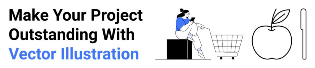 Woman sitting with phone near shopping cart, accompanied by apple and utensil outlines. Ideal for e-commerce, healthy living, minimalist design, online shopping, tech, lifestyle, flat landing page