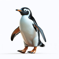 Fototapeta premium A playful penguin waddling, black and white body on white background