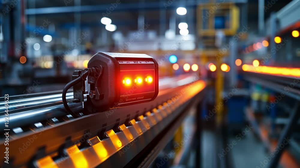 Poster automated industrial equipment with red lights is controlling the production line in a modern factor