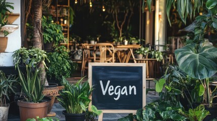 Cozy outdoor cafe with vegan chalkboard sign and lush greenery