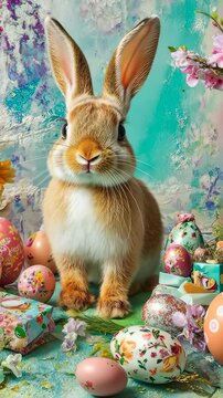 Fluffy fox rabbit on a background with painted Easter eggs and flowers around. Easter Day postcard. Vertical generative 4k video