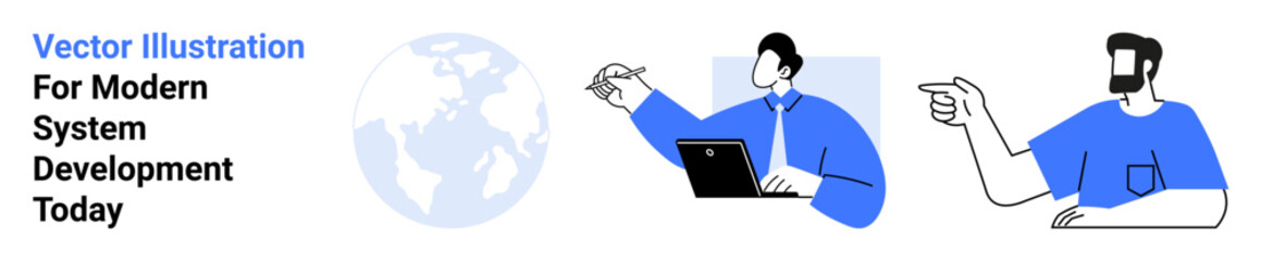 Two professionals working together, one pointing, the other using a laptop with a globe in the background. Ideal for teamwork, leadership, communication, technology, global connections