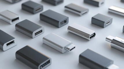 USB-C adapters on white background; technology concept