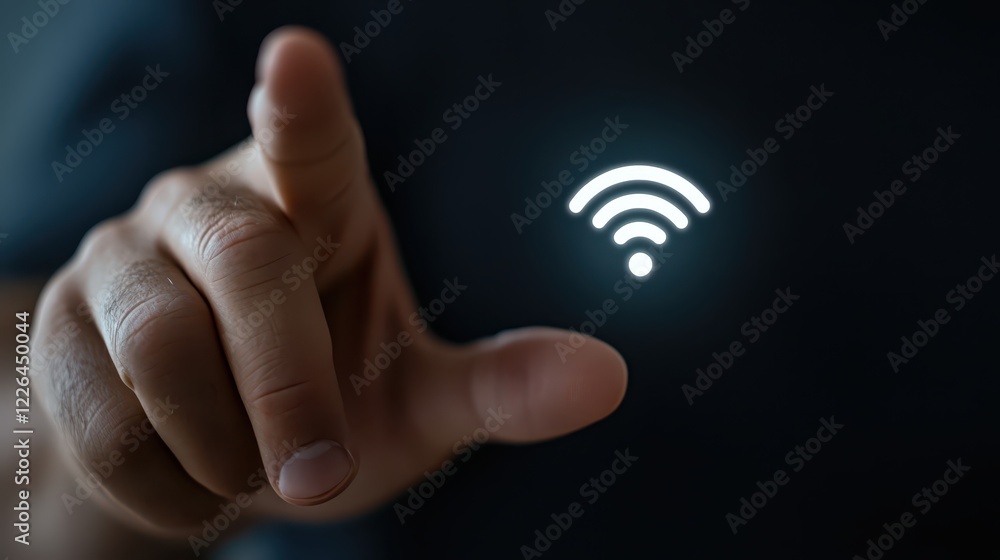 Poster person pointing at a wireless network connection, accessing digital communication