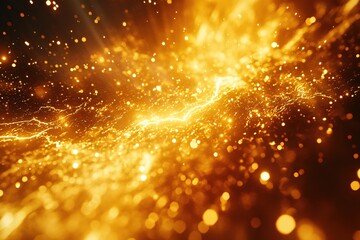 Obraz premium Golden light explosion with shining particles and a bright lightning strike in a dark space