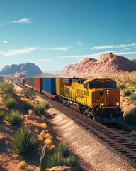 Desert freight train cargo transport, sunny landscape