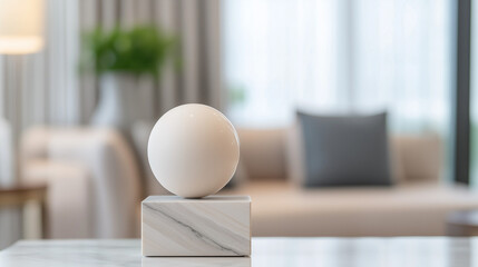 White Marble Sphere on Stand: A simple yet elegant white sphere rests upon a marble stand, creating a minimalistic and visually appealing composition in a modern living room setting.