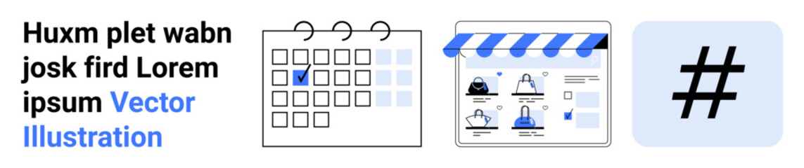 Calendar with marked dates, online storefront with products, large metadata tag symbol. Ideal for marketing, social media strategy, ecommerce planning, digital promotions, event scheduling
