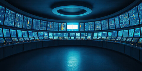 A high-tech control room illuminated in blue, showcasing numerous screens displaying data and analytics in a futuristic environment.