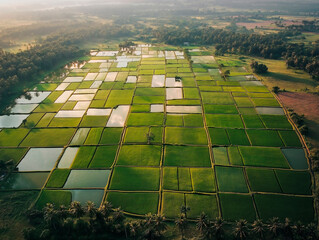 Morning ariel view of green rice wields with palm trees, India, Bali, Asia, Rice fields 