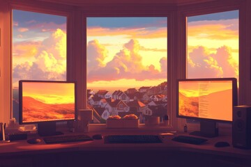 Cozy Home Office with Dual Monitors and Scenic Sunset View