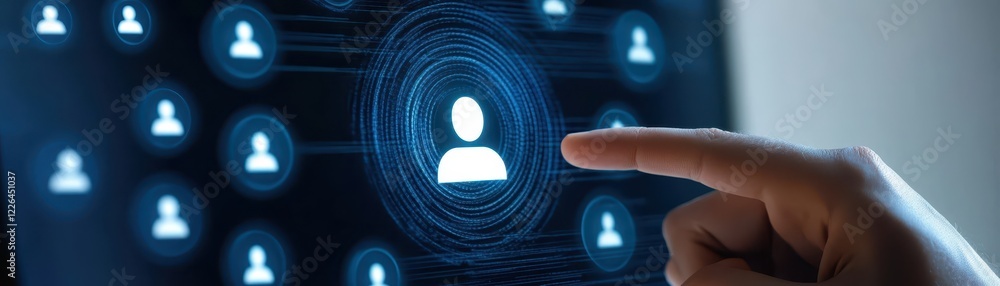 Poster finger activating biometric fingerprint scanner for secure access on digital screen.