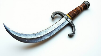 Highquality photo of a pirates curved cutlass sword on a white background. Historical events isolated on white. Photo realistic photo.